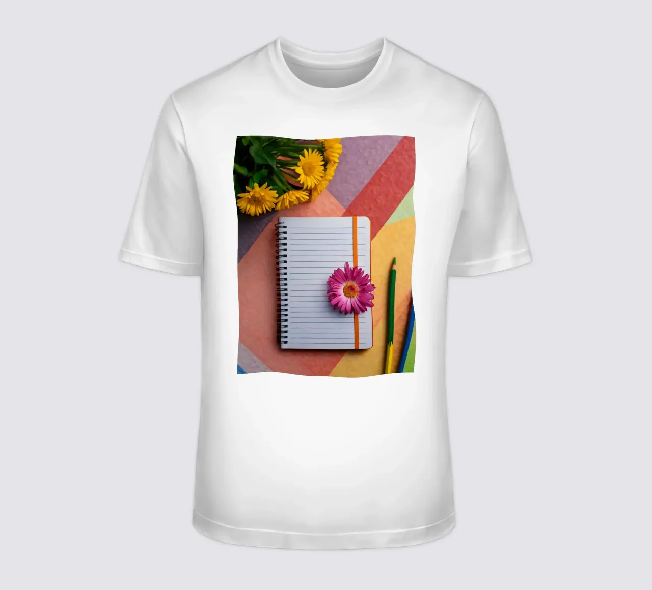 Uno spazio di lavoro colorato con un taccuino con un fiore t-shirt da DesignDoodle