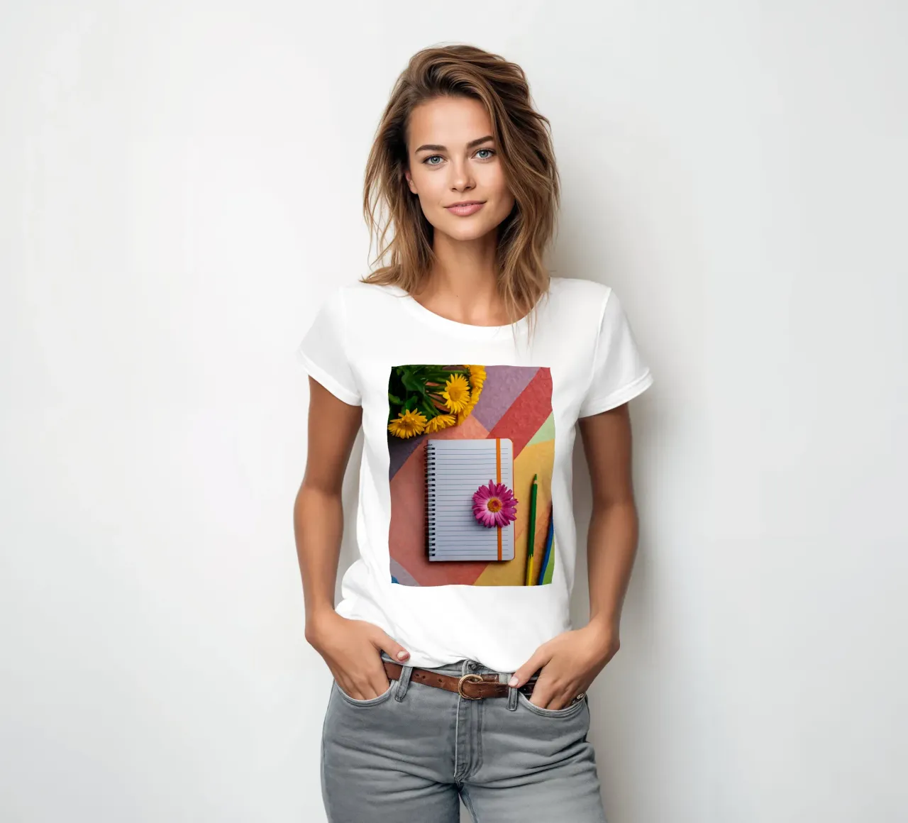 Uno spazio di lavoro colorato con un taccuino con un fiore t-shirt da donna da DesignDoodle