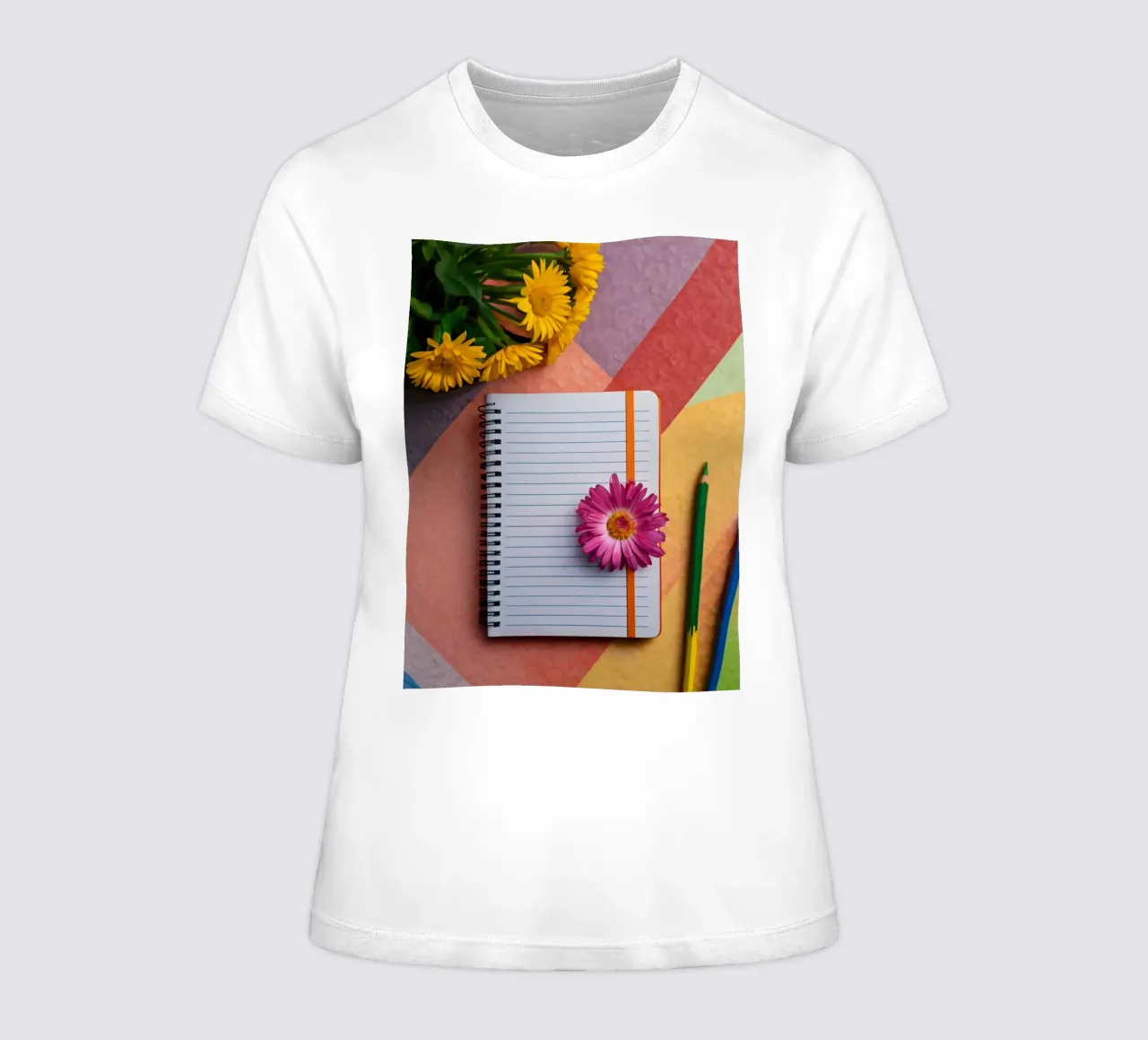 Uno spazio di lavoro colorato con un taccuino con un fiore t-shirt da donna da DesignDoodle