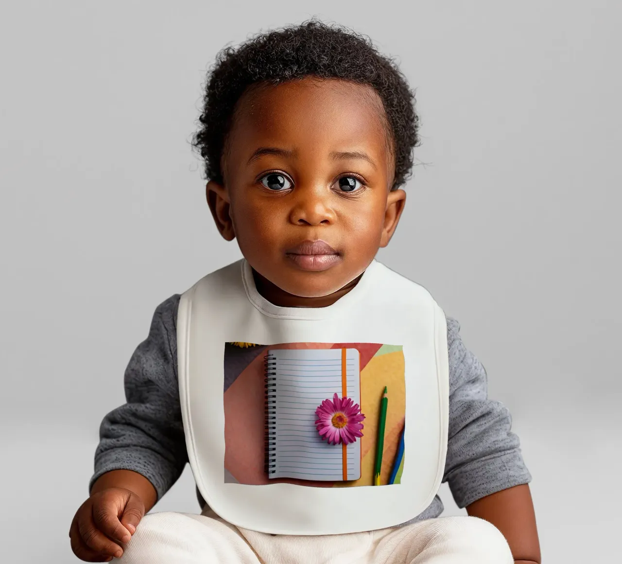 Uno spazio di lavoro colorato con un taccuino con un fiore bavaglino da DesignDoodle