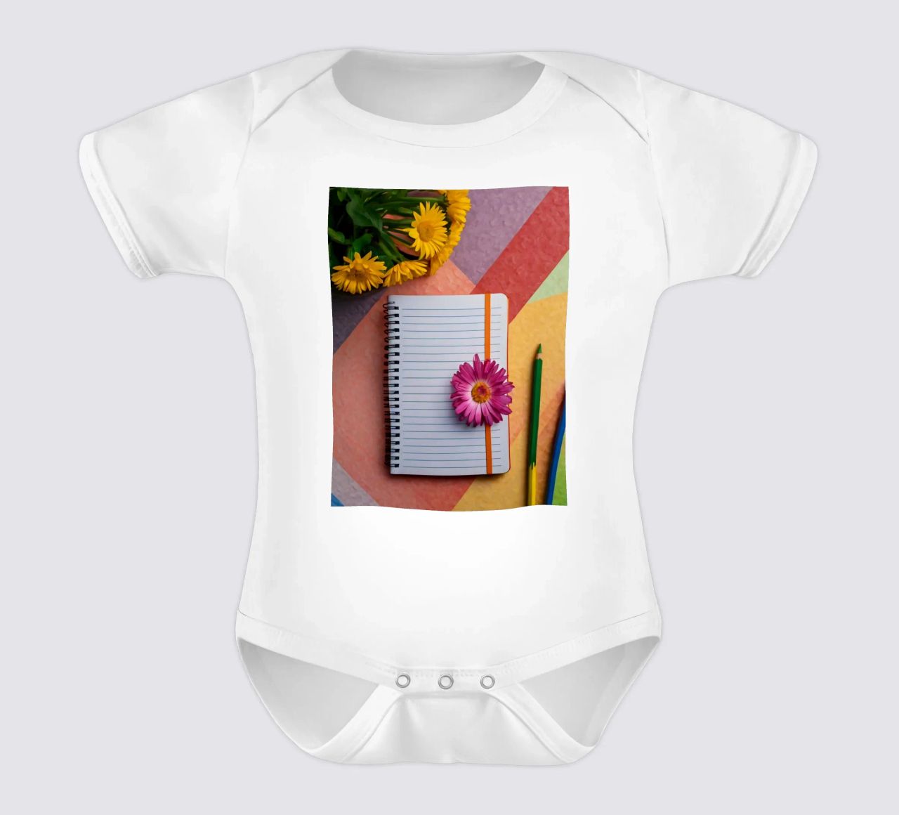 Uno spazio di lavoro colorato con un taccuino con un fiore body neonato maniche corte da DesignDoodle
