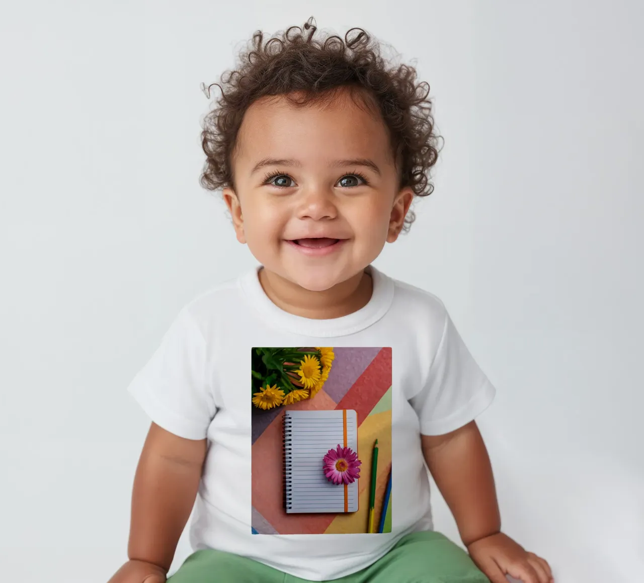 Uno spazio di lavoro colorato con un taccuino con un fiore maglietta neonato da DesignDoodle