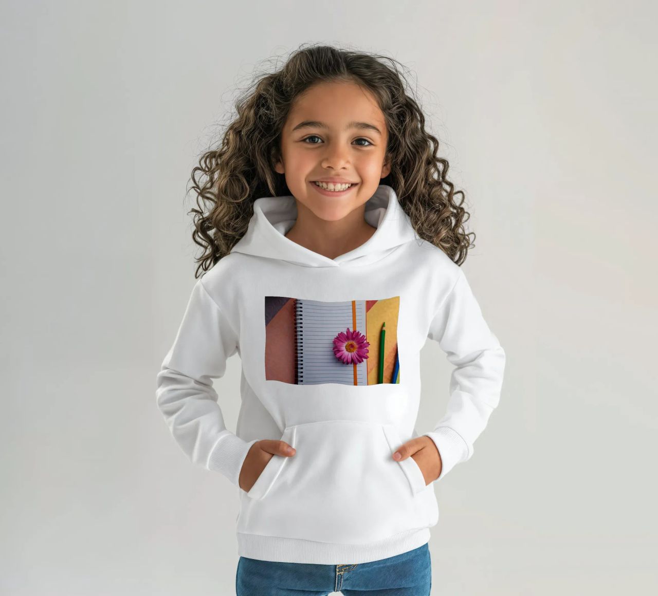 Uno spazio di lavoro colorato con un taccuino con un fiore felpa bambino con cappuccio da DesignDoodle
