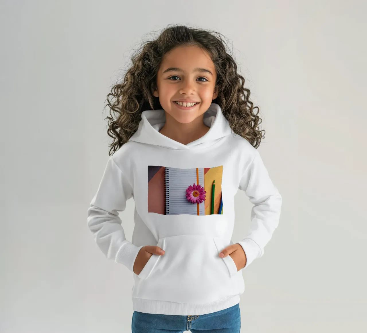 Uno spazio di lavoro colorato con un taccuino con un fiore felpa bambino con cappuccio da DesignDoodle