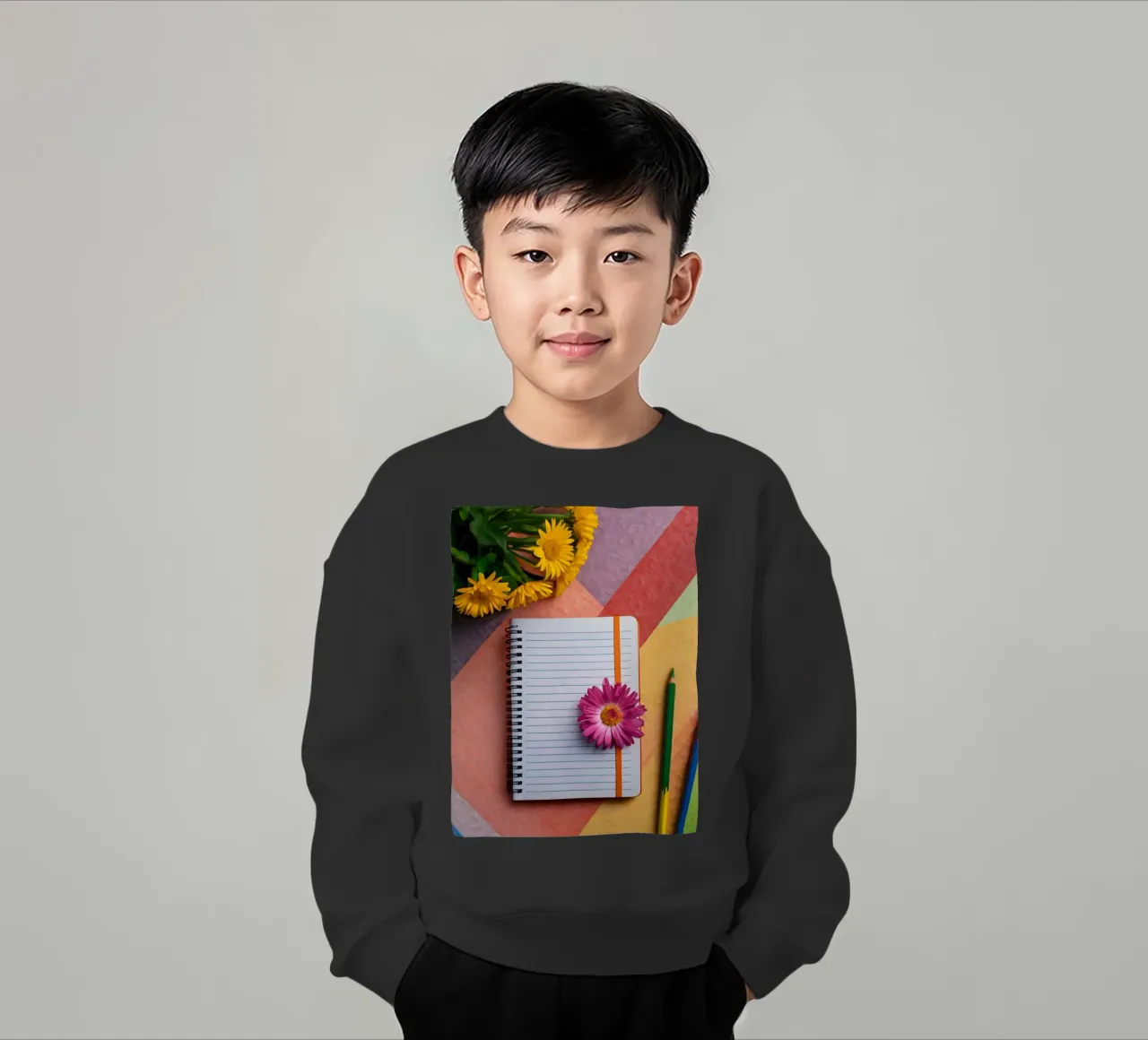 Uno spazio di lavoro colorato con un taccuino con un fiore felpa bambino da DesignDoodle