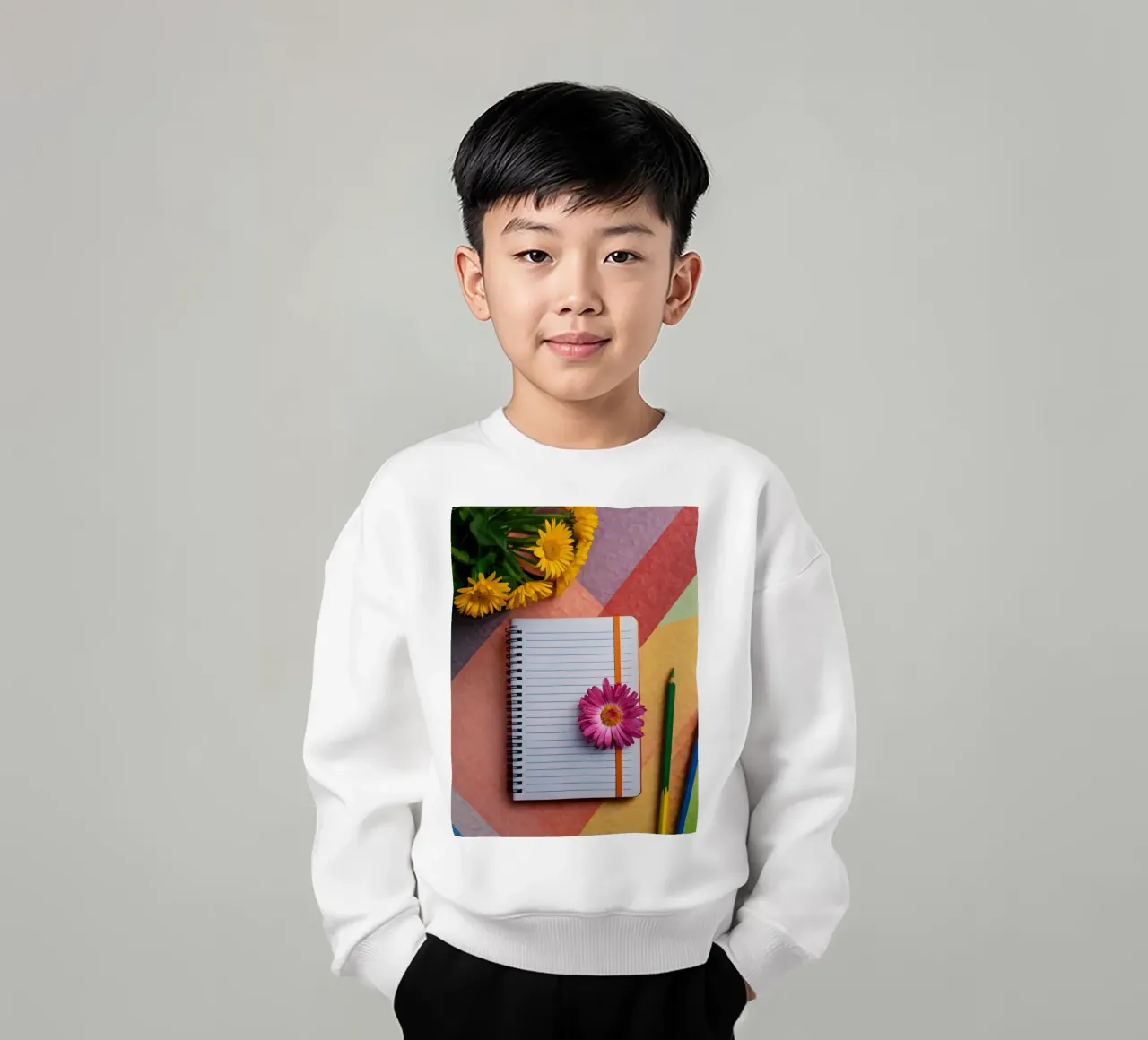 Colorful workspace featuring a notebook with a flower kids sweatshirt by DesignDoodle