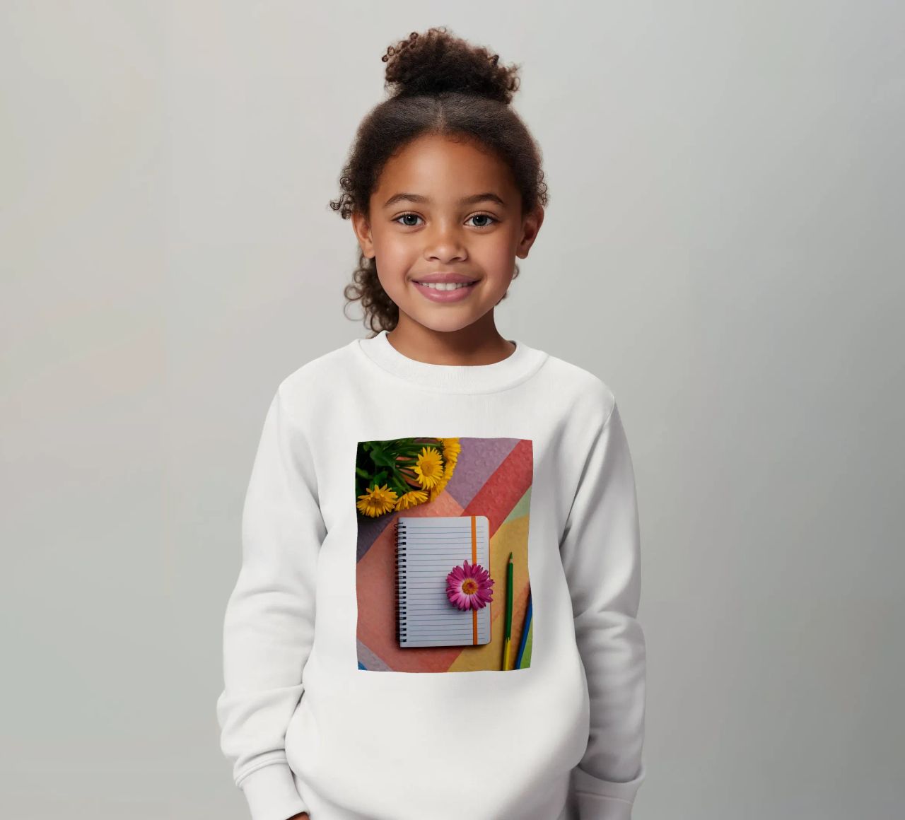 Uno spazio di lavoro colorato con un taccuino con un fiore felpa bambino da DesignDoodle