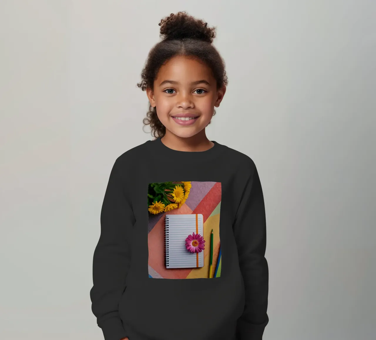 Uno spazio di lavoro colorato con un taccuino con un fiore felpa bambino da DesignDoodle