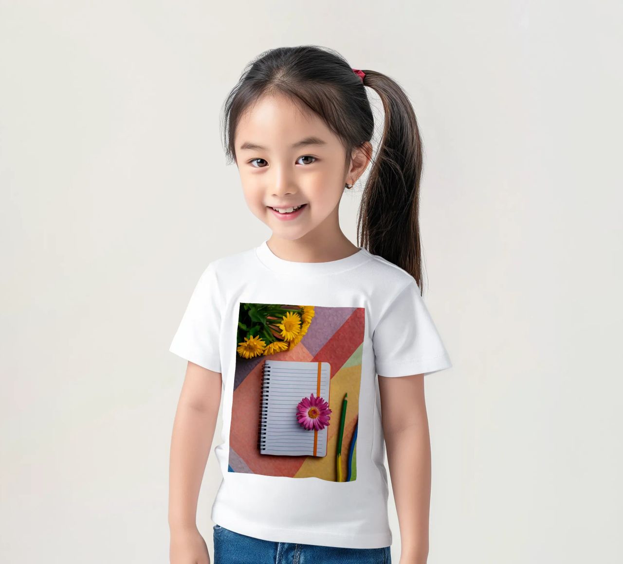 Uno spazio di lavoro colorato con un taccuino con un fiore t-shirt bambini da DesignDoodle