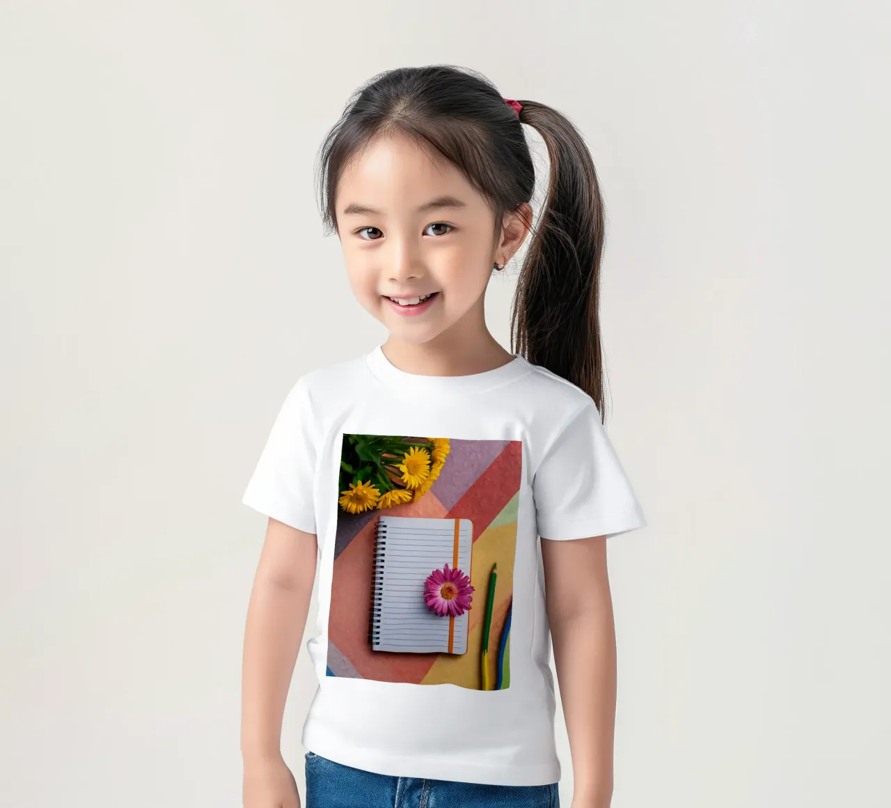 Uno spazio di lavoro colorato con un taccuino con un fiore t-shirt bambini da DesignDoodle