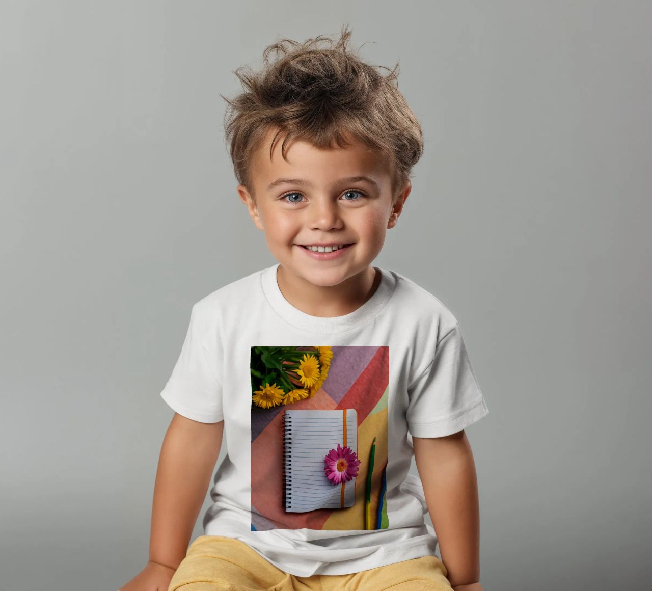 Uno spazio di lavoro colorato con un taccuino con un fiore t-shirt bambini da DesignDoodle