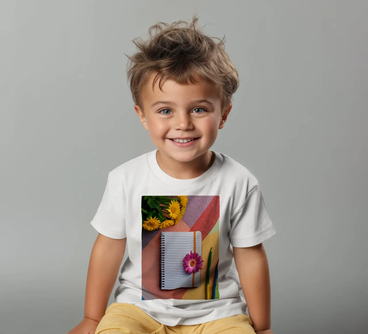 Uno spazio di lavoro colorato con un taccuino con un fiore t-shirt bambini da DesignDoodle