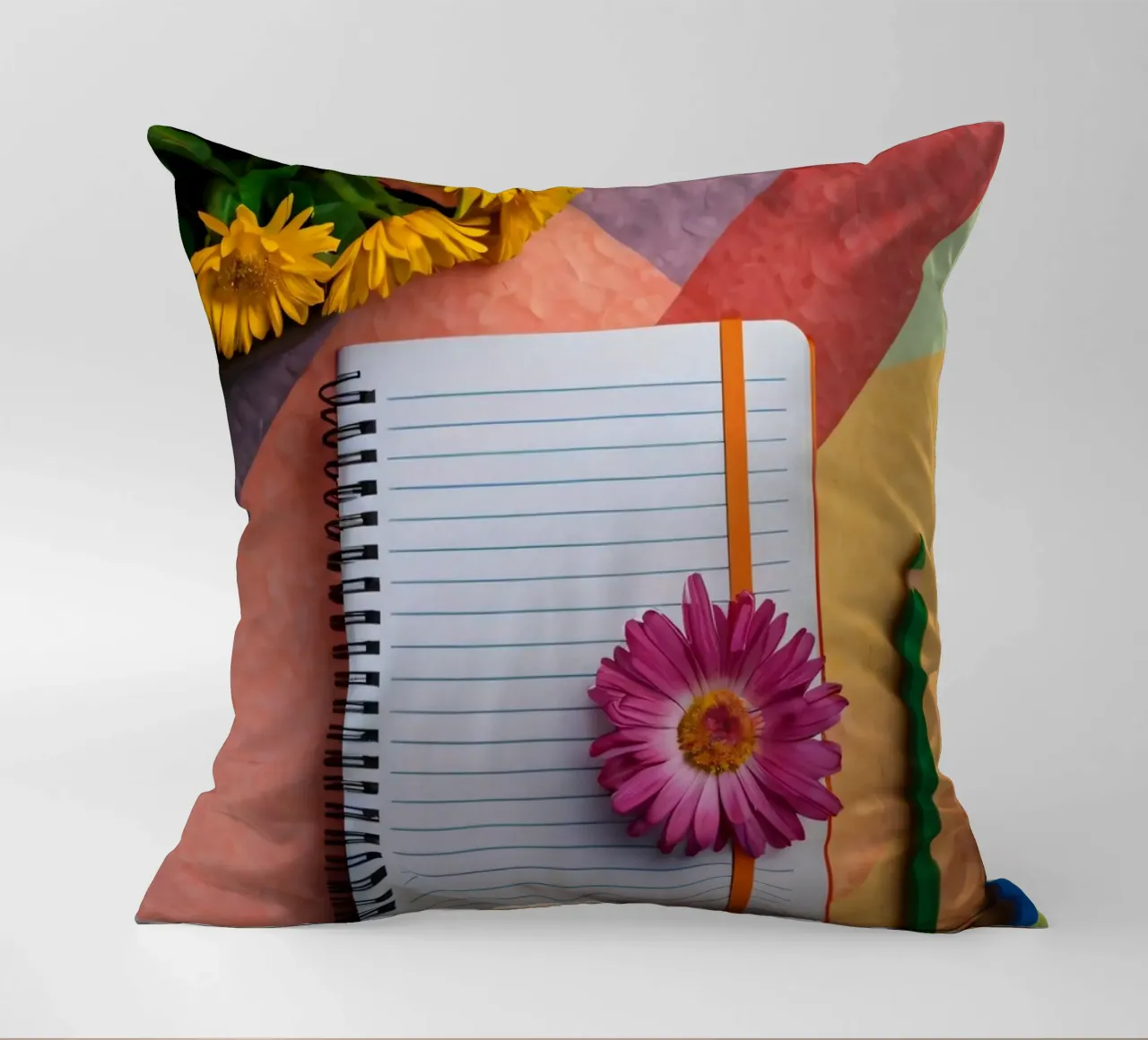 Uno spazio di lavoro colorato con un taccuino con un fiore cuscino da DesignDoodle