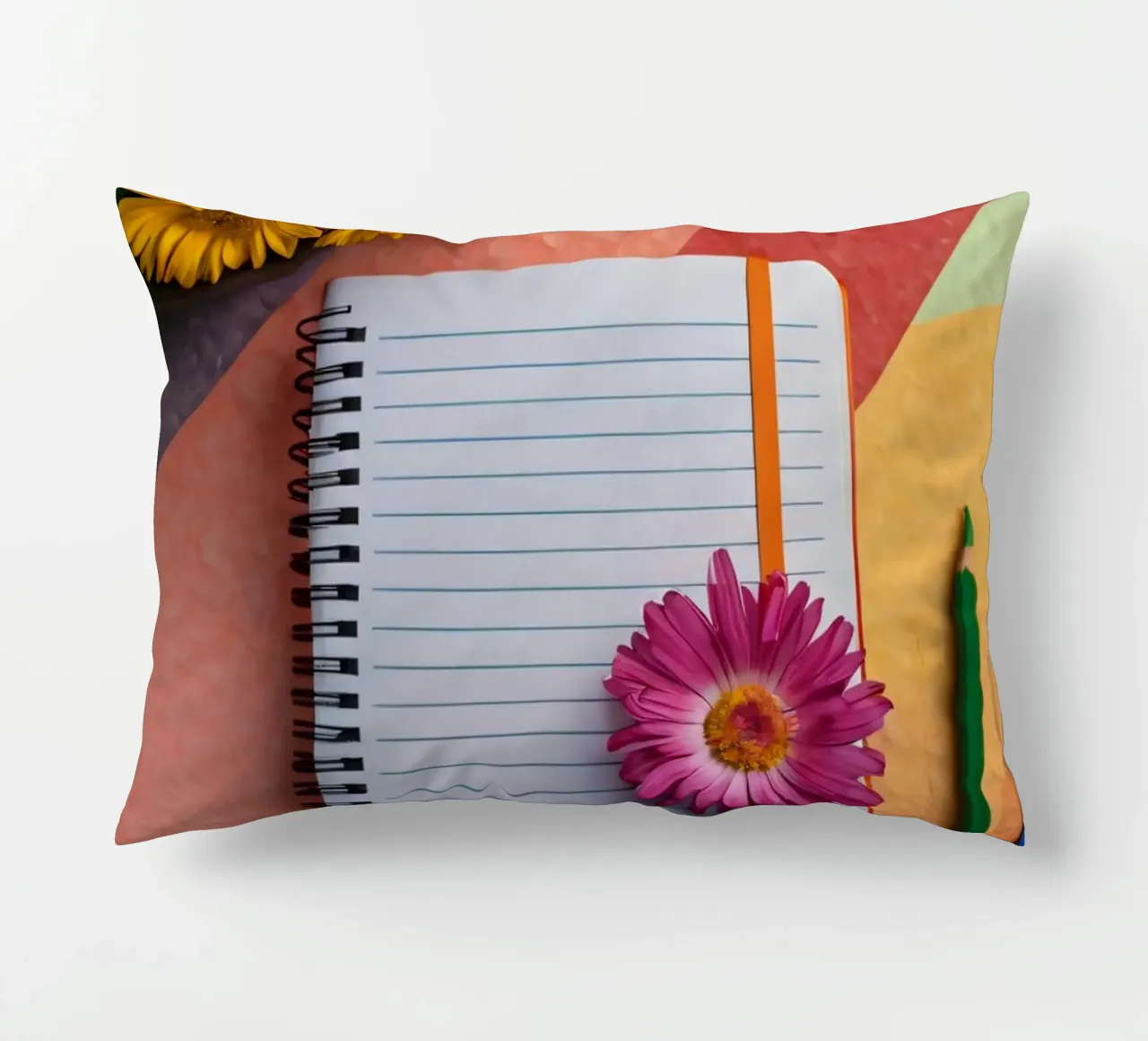 Uno spazio di lavoro colorato con un taccuino con un fiore cuscino da DesignDoodle
