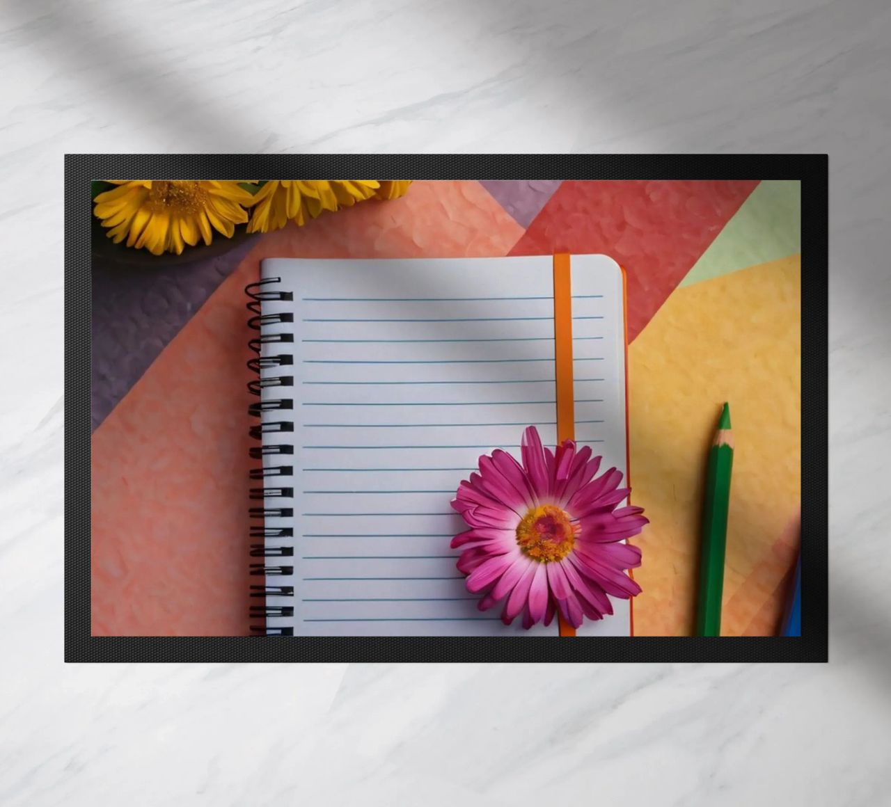 Uno spazio di lavoro colorato con un taccuino con un fiore zerbino da DesignDoodle