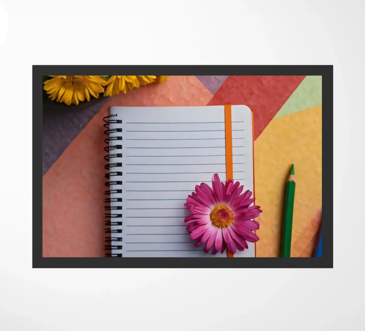 Uno spazio di lavoro colorato con un taccuino con un fiore zerbino da DesignDoodle