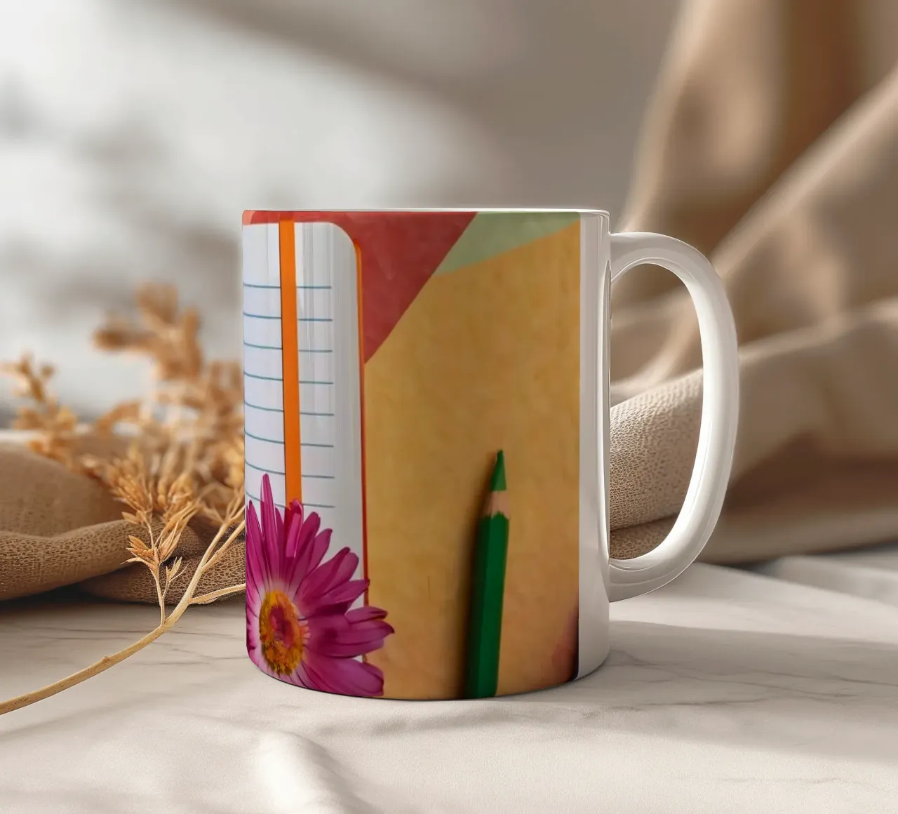 Colorful workspace featuring a notebook with a flower ceramic mug by DesignDoodle