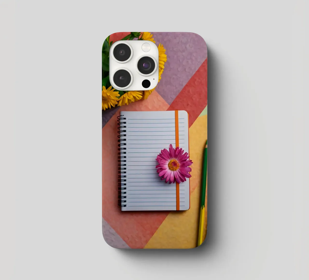 Uno spazio di lavoro colorato con un taccuino con un fiore cover iphone da DesignDoodle