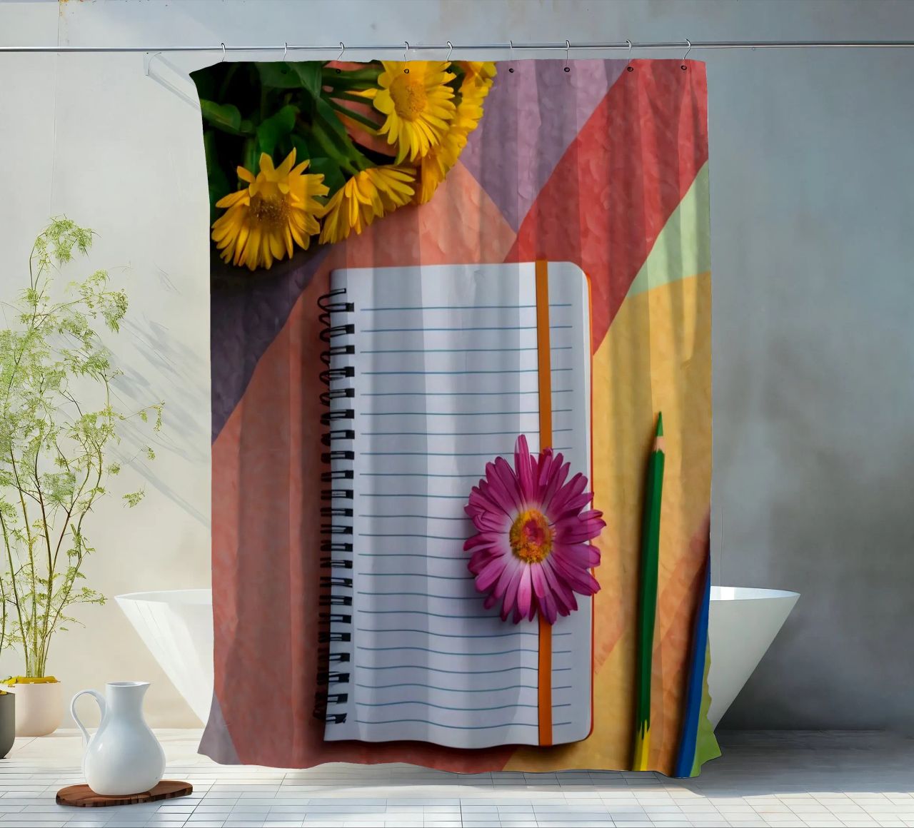 Uno spazio di lavoro colorato con un taccuino con un fiore tenda da doccia da DesignDoodle
