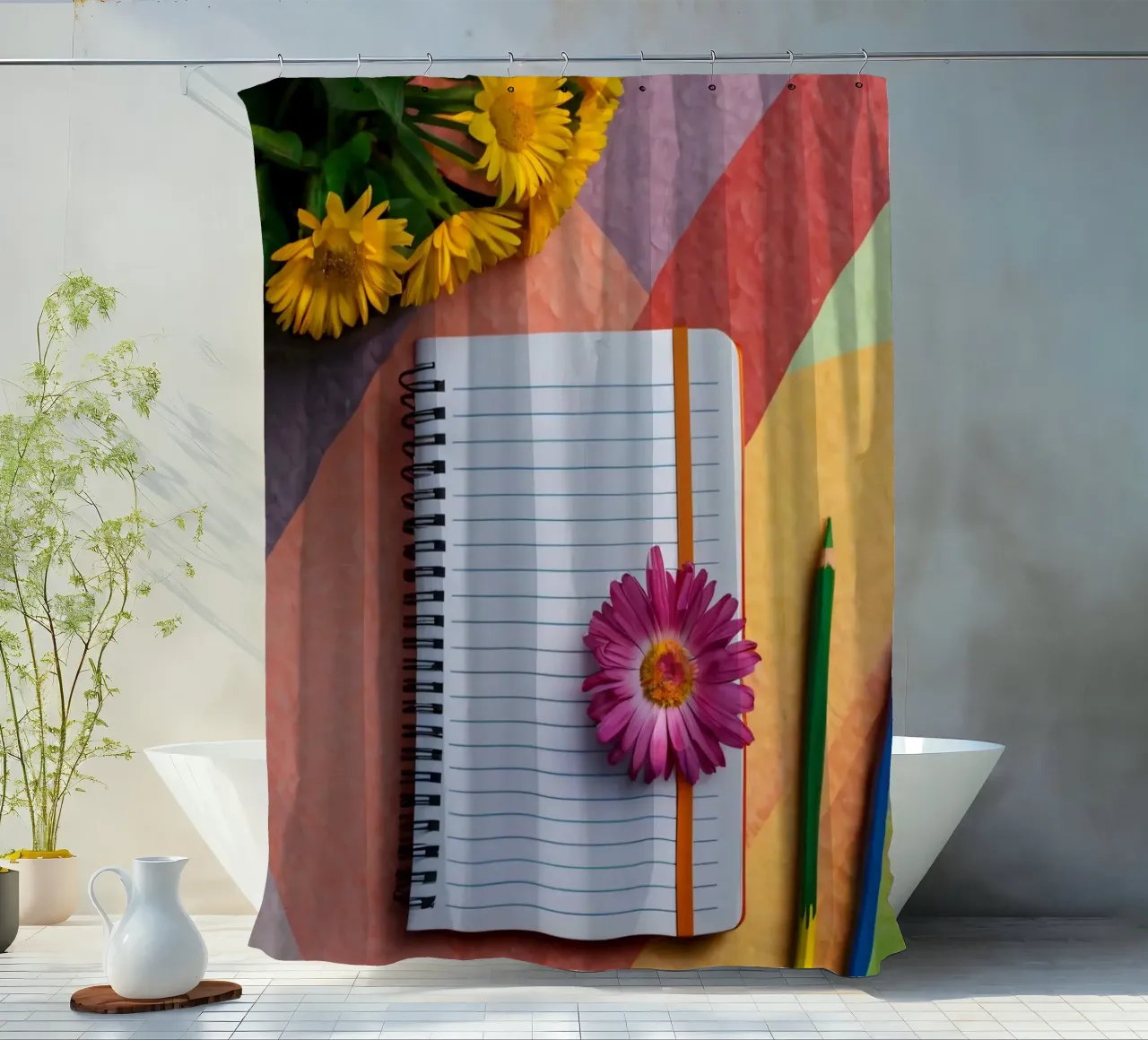 Kleurrijke werkplek met een notitieblok met een bloem douchegordijn van DesignDoodle