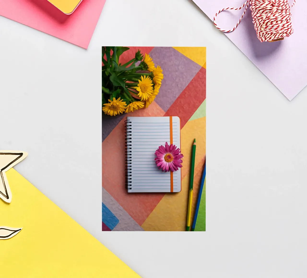 Uno spazio di lavoro colorato con un taccuino con un fiore adesivo da DesignDoodle