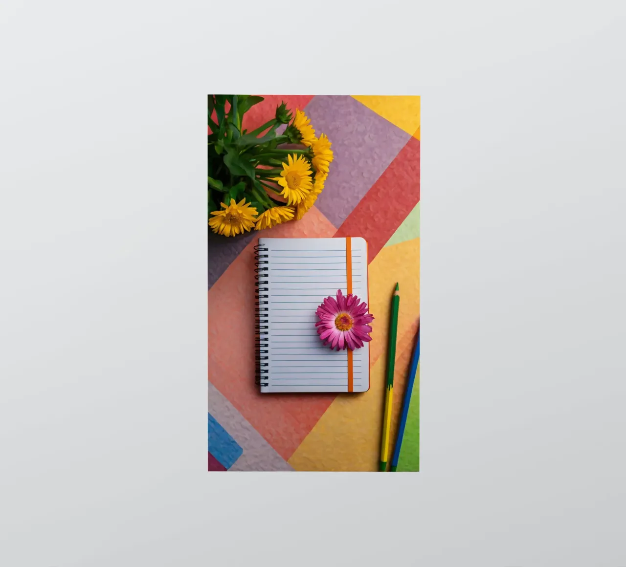 Uno spazio di lavoro colorato con un taccuino con un fiore adesivo da DesignDoodle