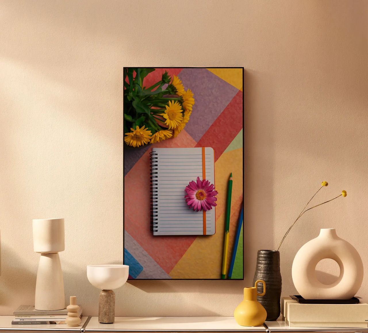 Uno spazio di lavoro colorato con un taccuino con un fiore plexiglass da DesignDoodle