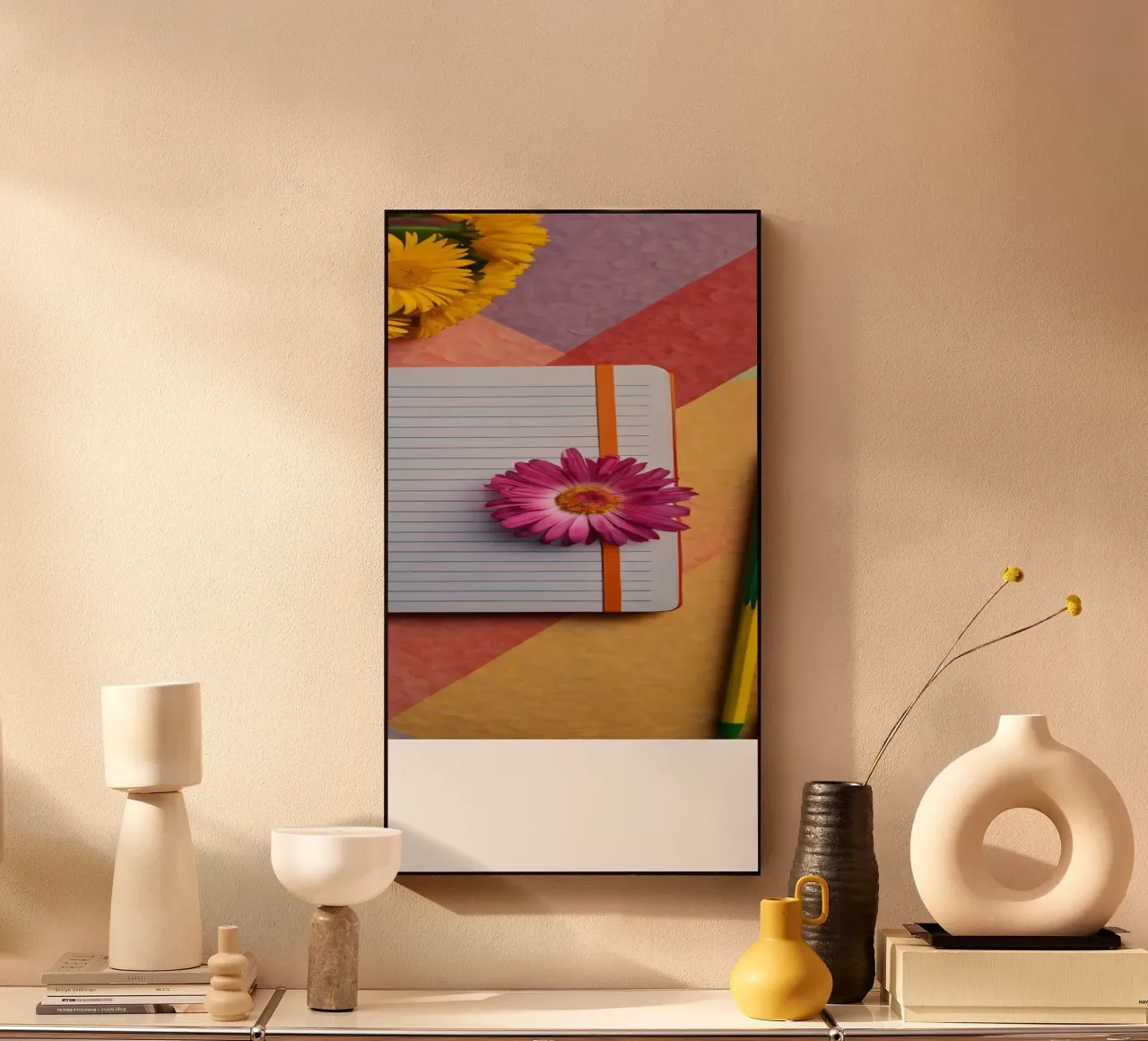 Uno spazio di lavoro colorato con un taccuino con un fiore alluminio dibond da DesignDoodle