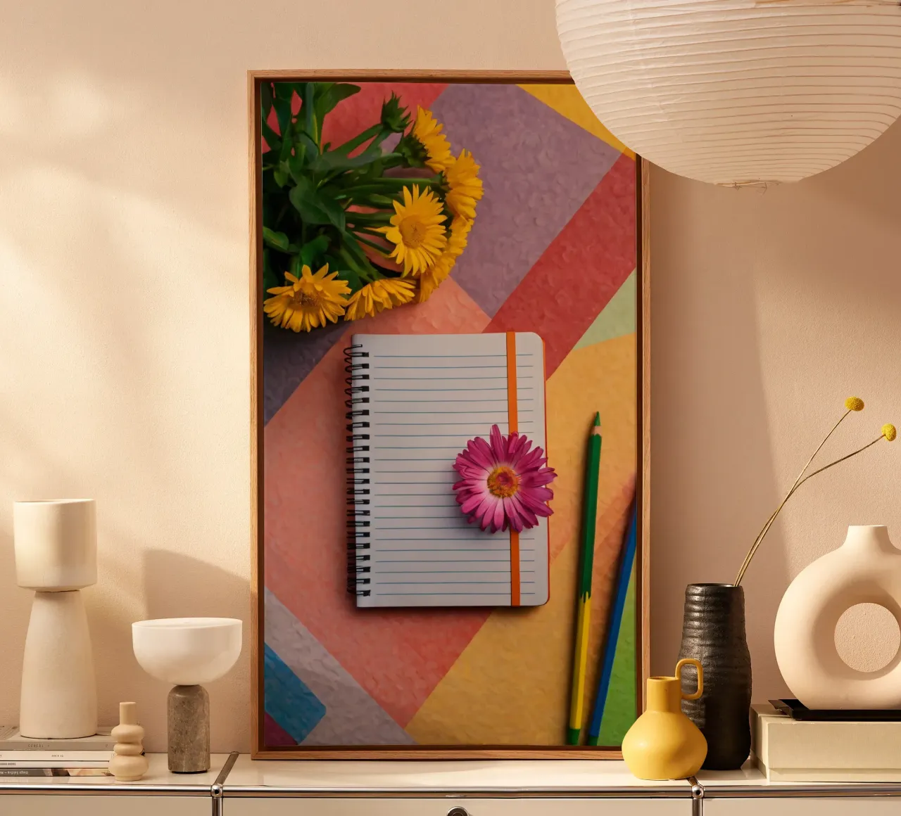 Uno spazio di lavoro colorato con un taccuino con un fiore tela da DesignDoodle