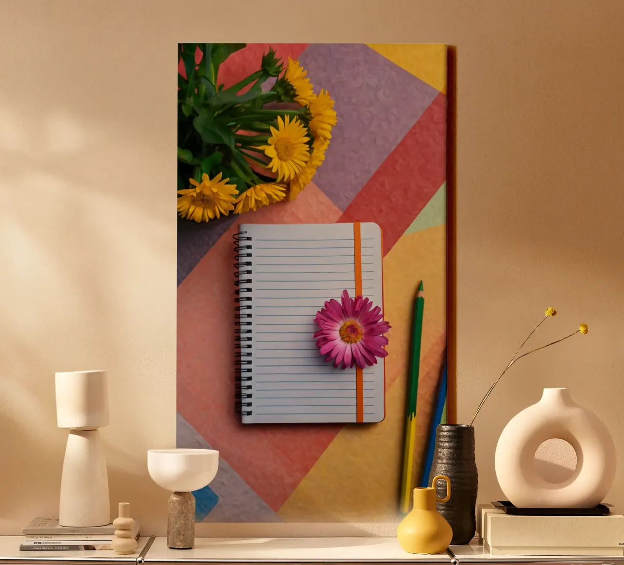 Uno spazio di lavoro colorato con un taccuino con un fiore tela da DesignDoodle