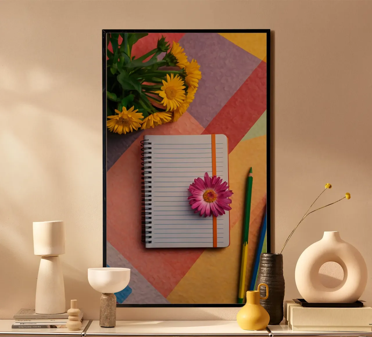 Colorful workspace featuring a notebook with a flower hahnemühle by DesignDoodle