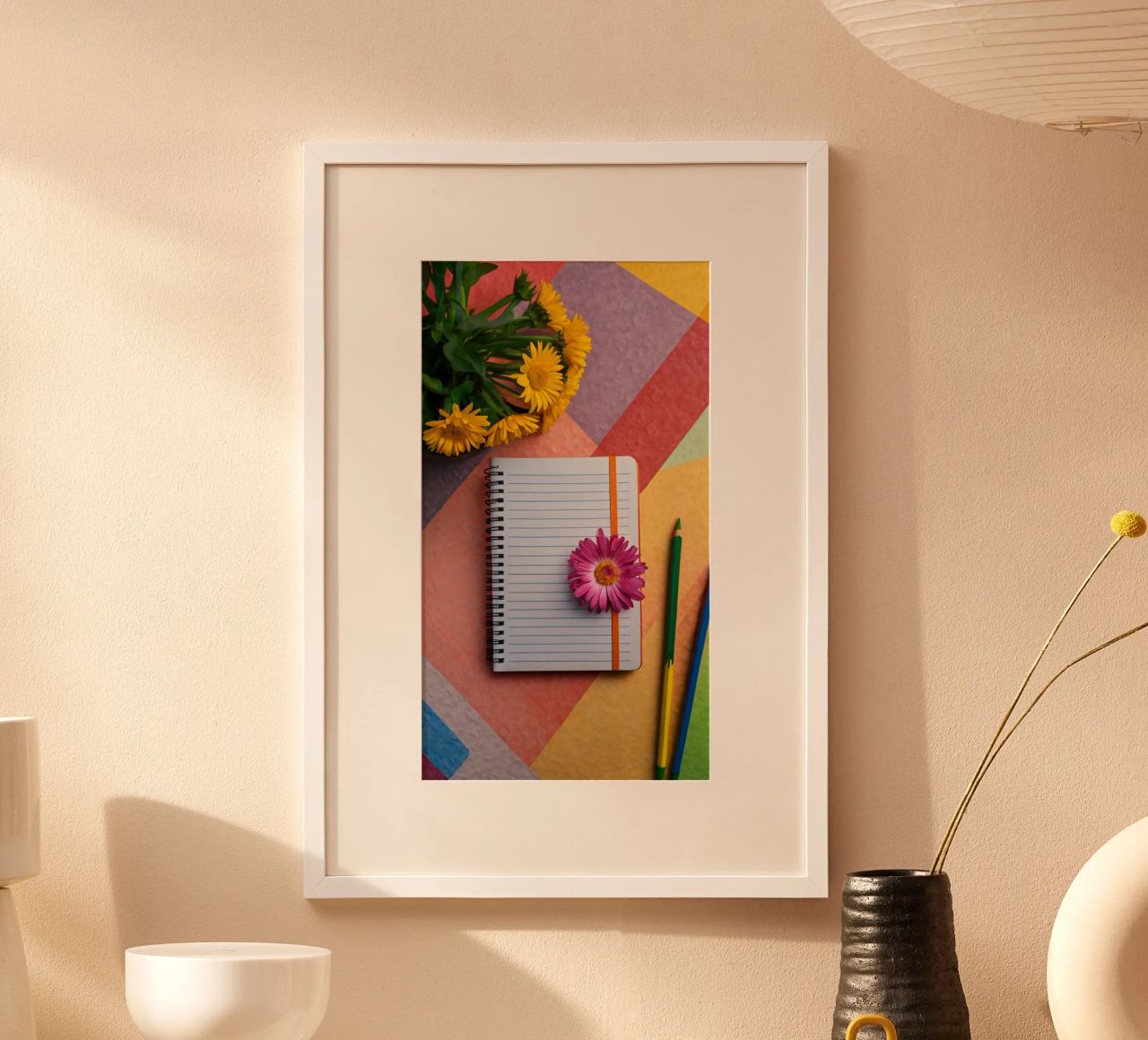 Uno spazio di lavoro colorato con un taccuino con un fiore carta hahnemühle da DesignDoodle