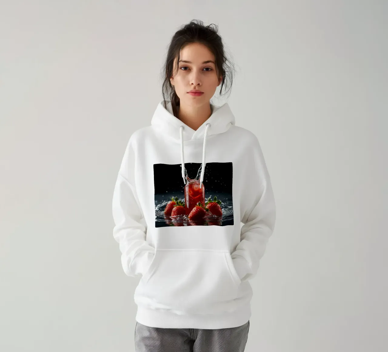 Fragole e spruzzi di bevande gassate su sfondo scuro felpa con cappuccio da DesignDoodle