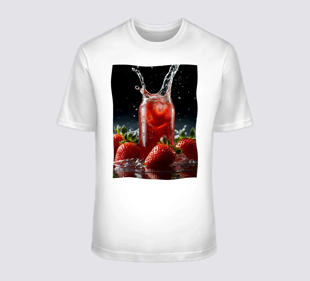Strawberries and sparkling drink splash on a dark background t-shirt by DesignDoodle