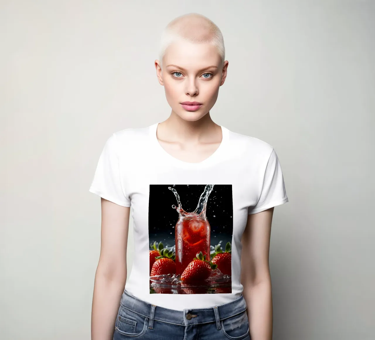 Strawberries and sparkling drink splash on a dark background women's fitted t-shirt by DesignDoodle