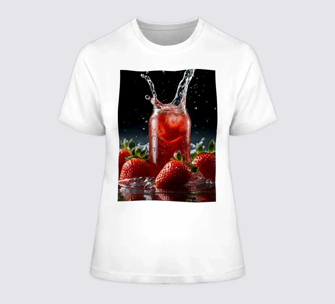 Strawberries and sparkling drink splash on a dark background women's fitted t-shirt by DesignDoodle