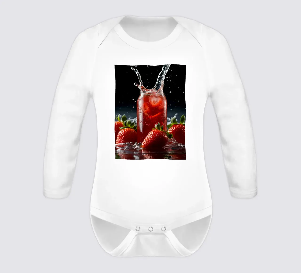 Strawberries and sparkling drink splash on a dark background long-sleeve baby romper by DesignDoodle