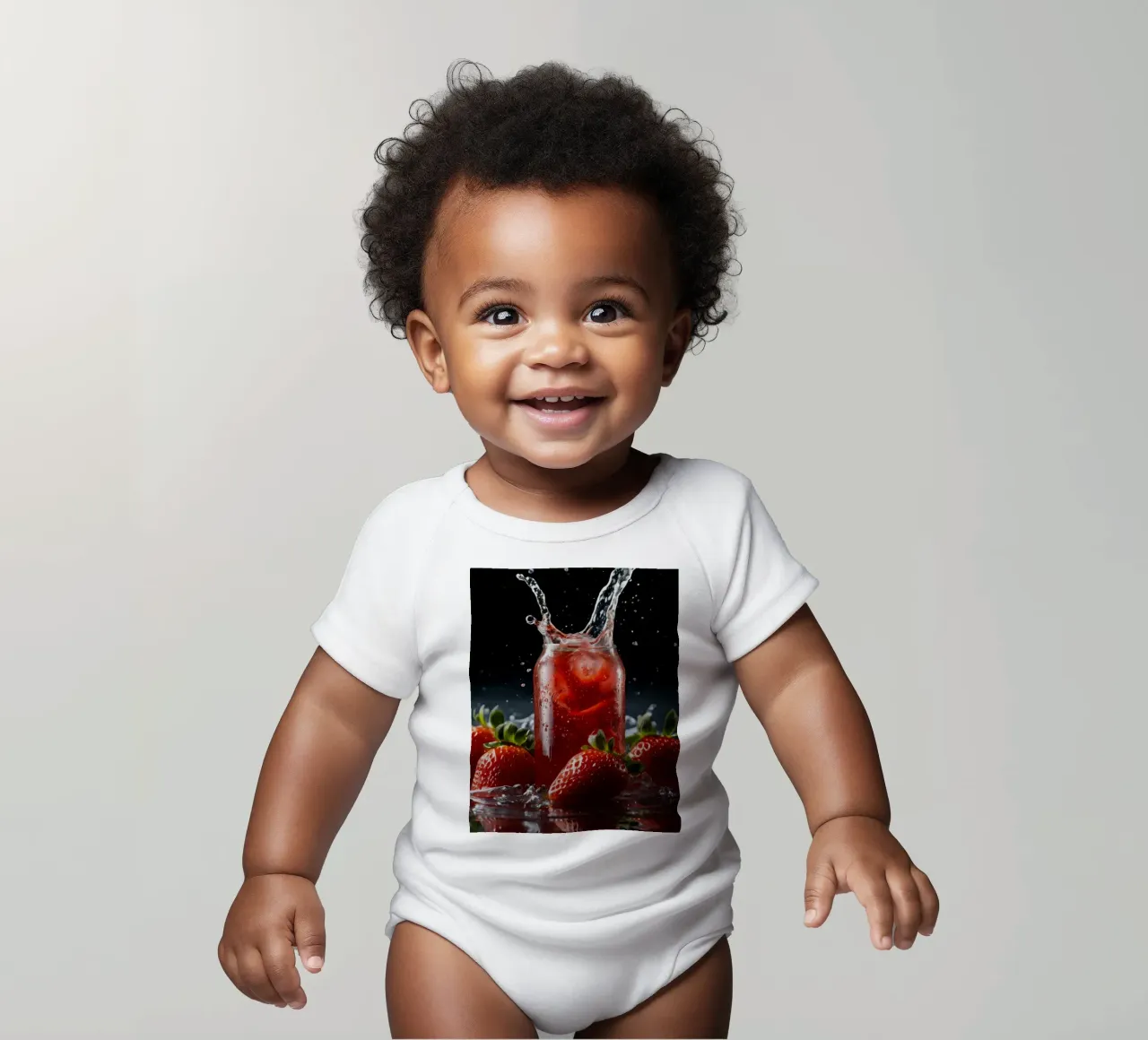 Strawberries and sparkling drink splash on a dark background short-sleeve baby romper by DesignDoodle