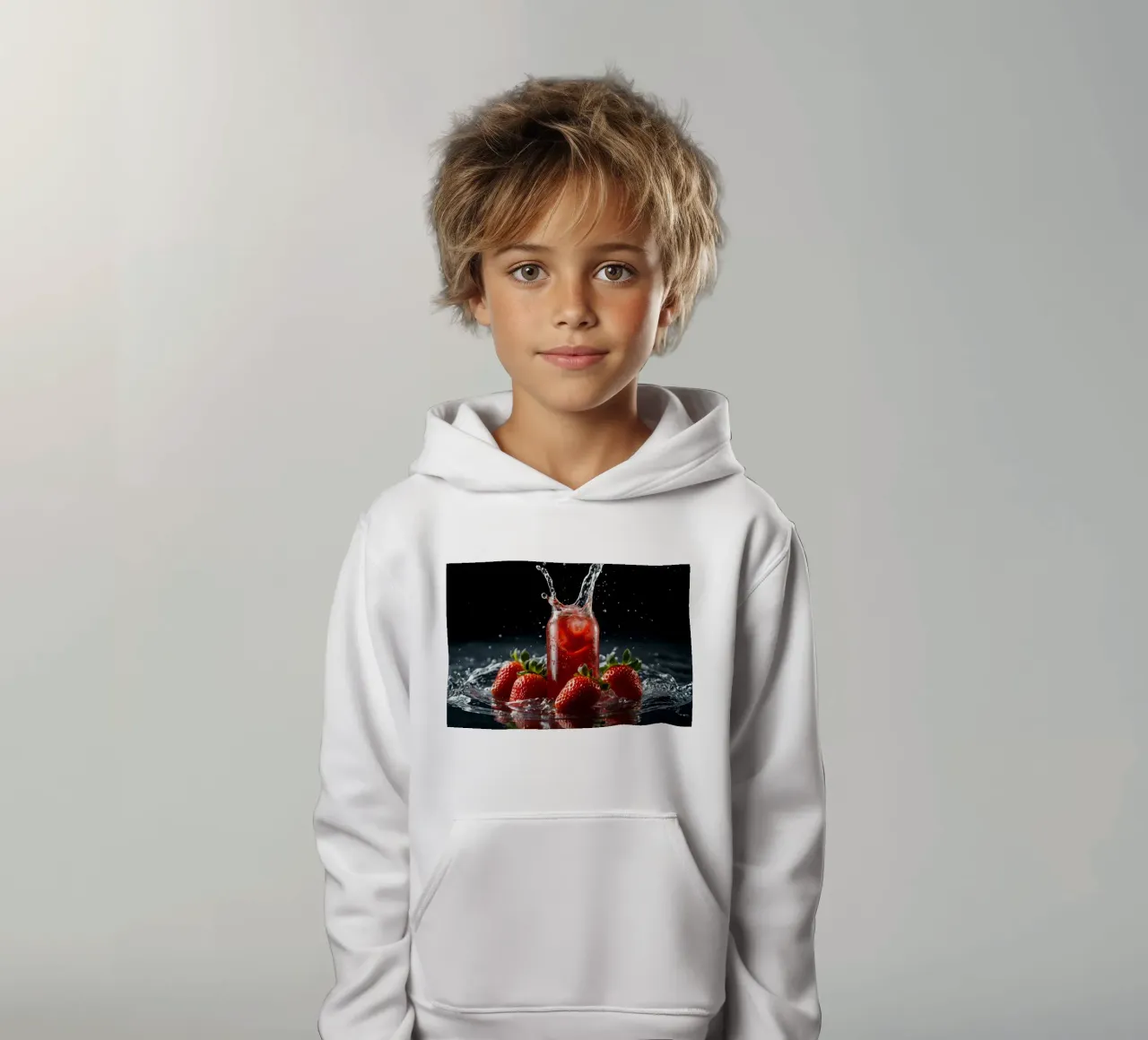 Fragole e spruzzi di bevande gassate su sfondo scuro felpa bambino con cappuccio da DesignDoodle