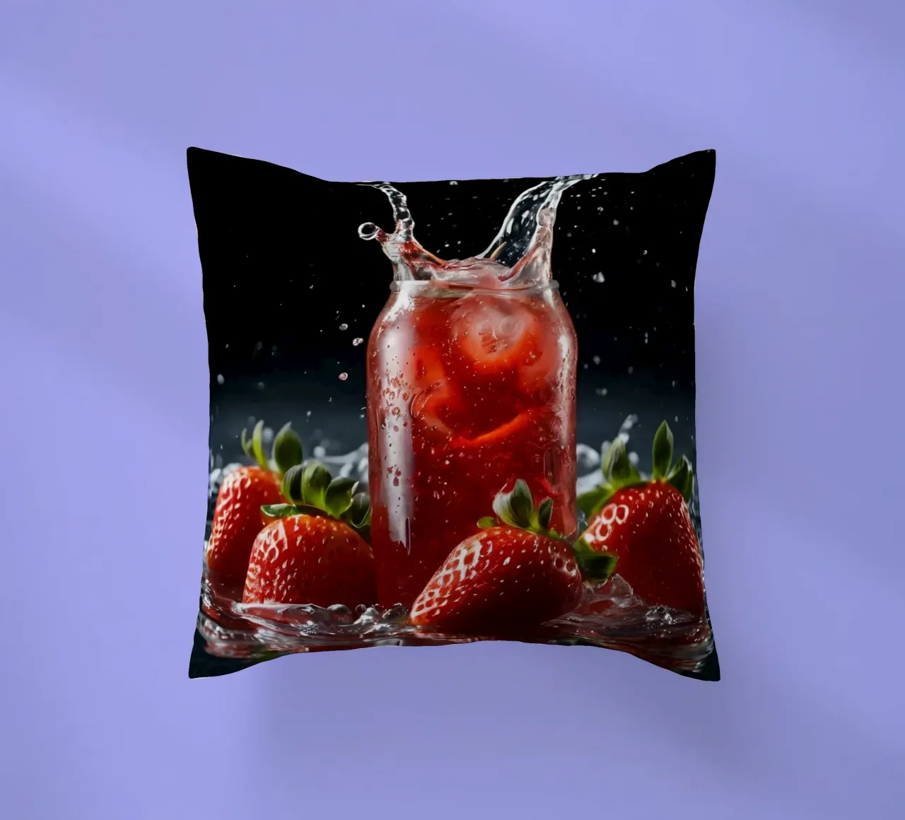 Fragole e spruzzi di bevande gassate su sfondo scuro cuscino da DesignDoodle