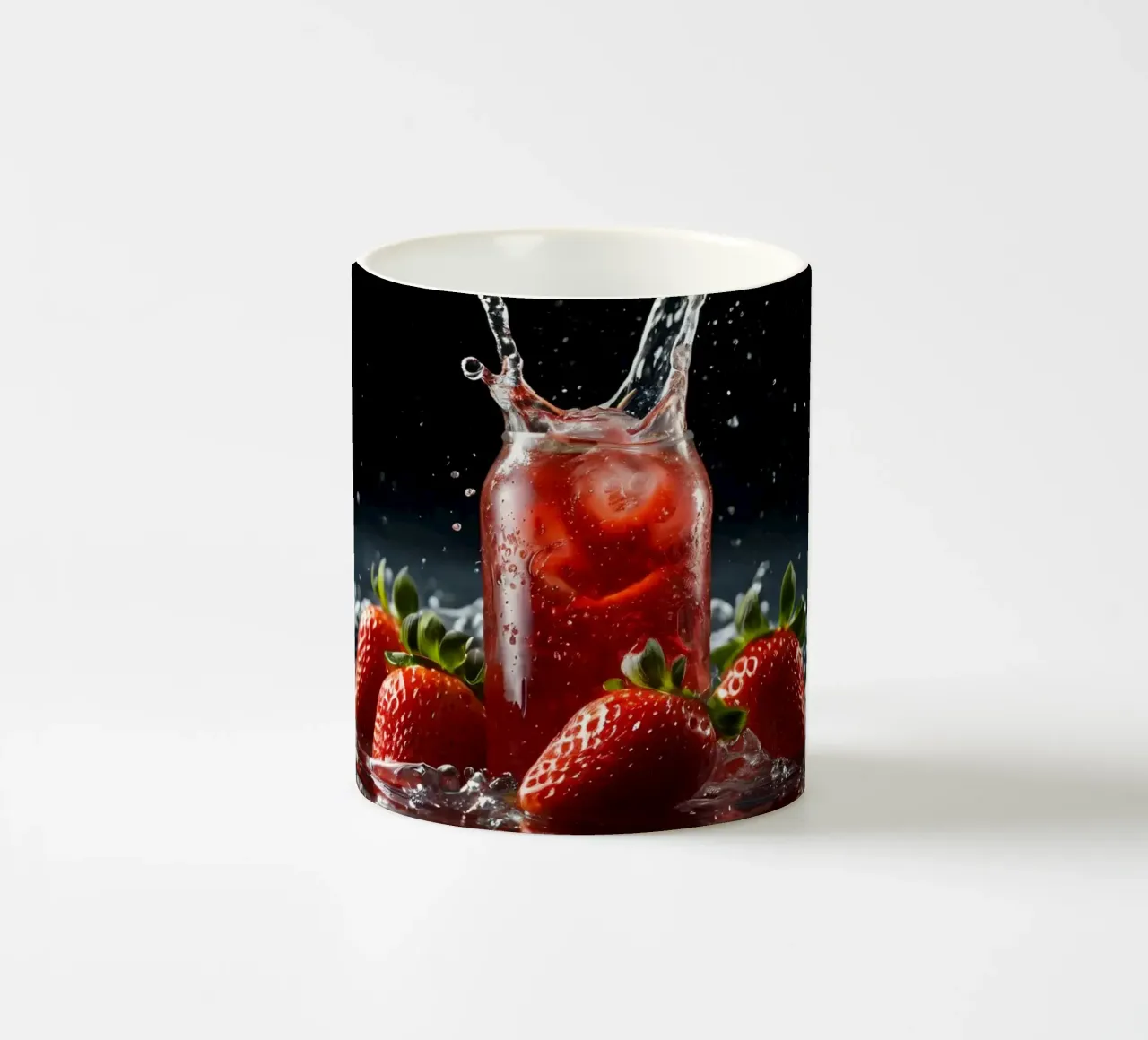 Fragole e spruzzi di bevande gassate su sfondo scuro tazza in ceramica da DesignDoodle