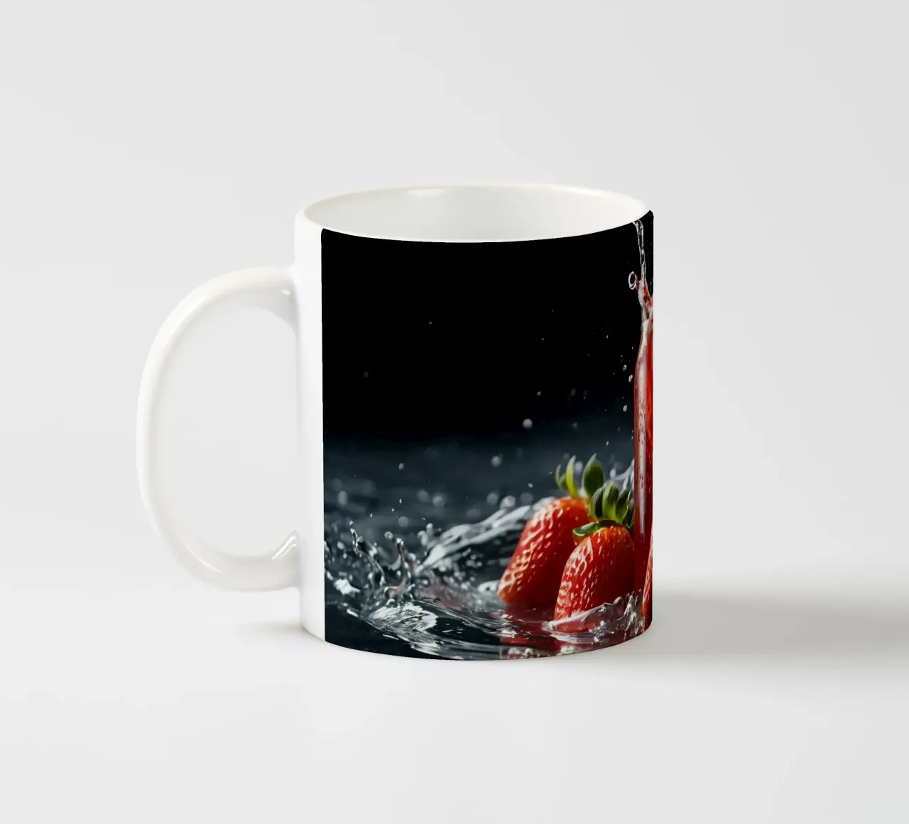 Fragole e spruzzi di bevande gassate su sfondo scuro tazza in ceramica da DesignDoodle