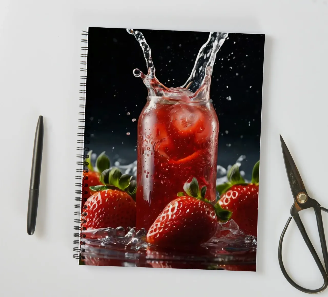 Strawberries and sparkling drink splash on a dark background spiral notebook by DesignDoodle
