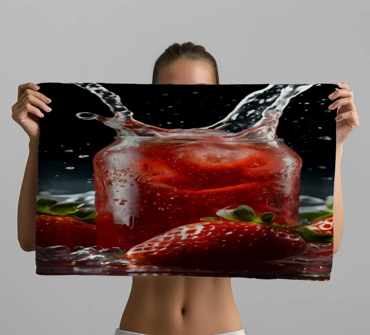 Strawberries and sparkling drink splash on a dark background towel by DesignDoodle