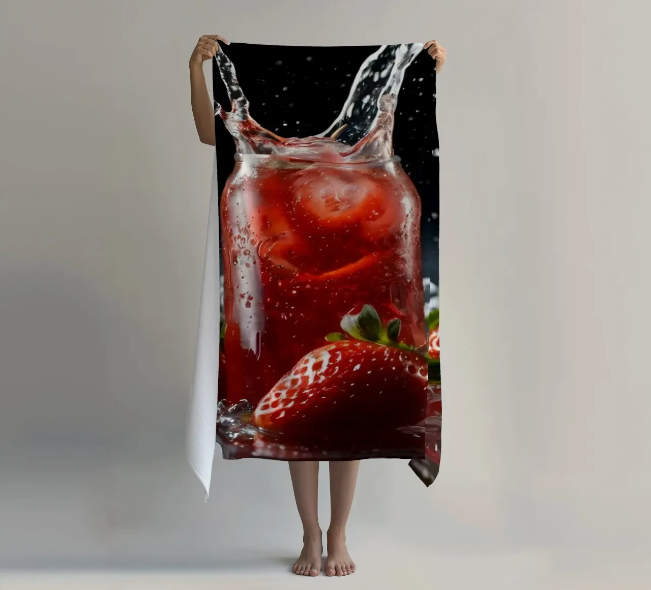 Strawberries and sparkling drink splash on a dark background beach towel by DesignDoodle