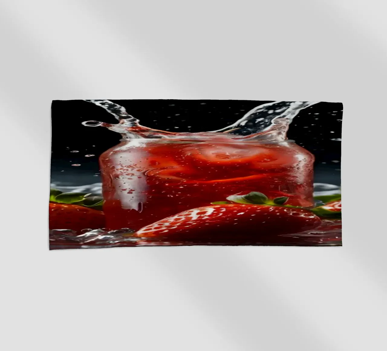 Strawberries and sparkling drink splash on a dark background beach towel by DesignDoodle