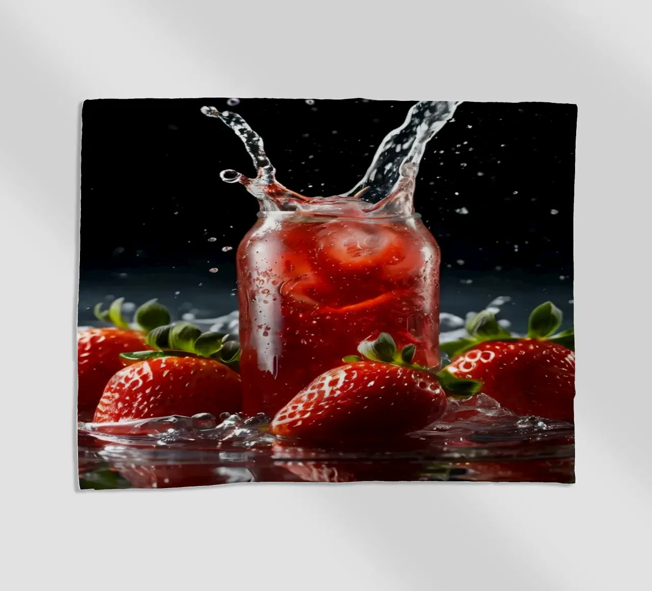 Strawberries and sparkling drink splash on a dark background beach towel by DesignDoodle