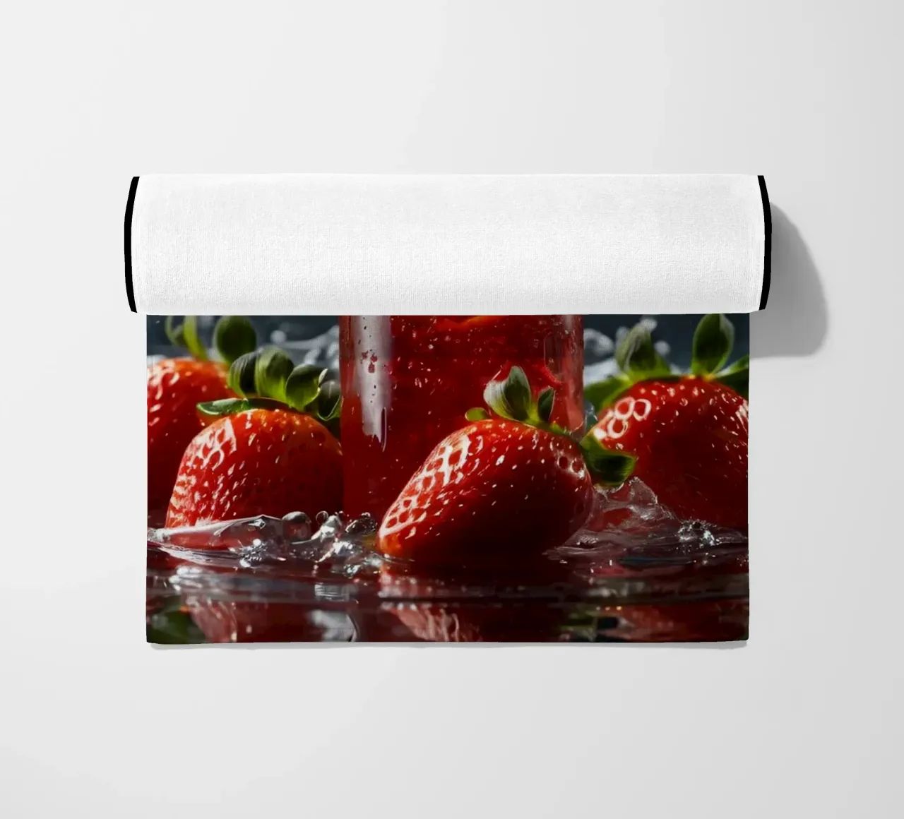 Strawberries and sparkling drink splash on a dark background beach towel by DesignDoodle