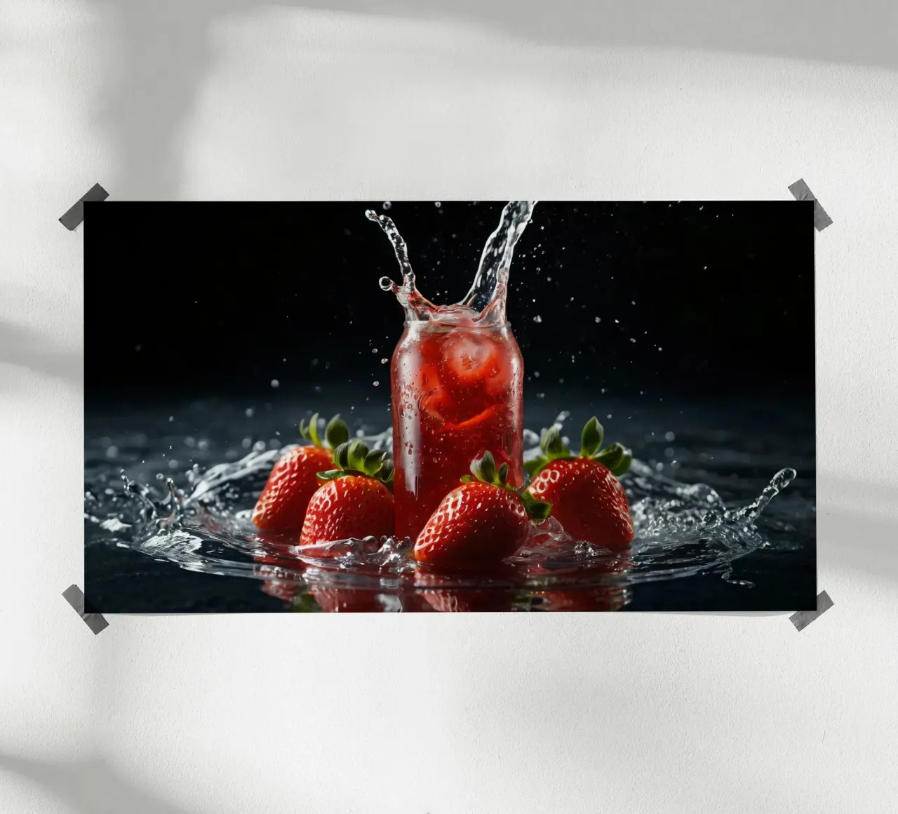 Strawberries and sparkling drink splash on a dark background hahnemühle by DesignDoodle