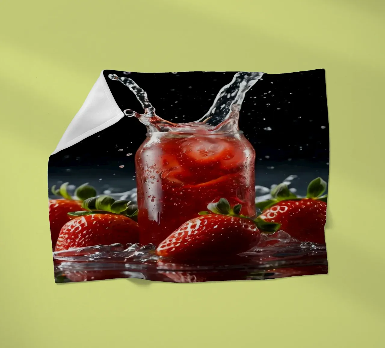 Strawberries and sparkling drink splash on a dark background fleece blanket by DesignDoodle